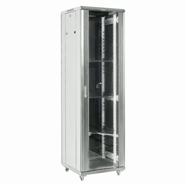 Напольный шкаф 19&quot; 27U 600×600, дверь сплошное стекло, серый, RAL 7035 REXANT 04-2766-211