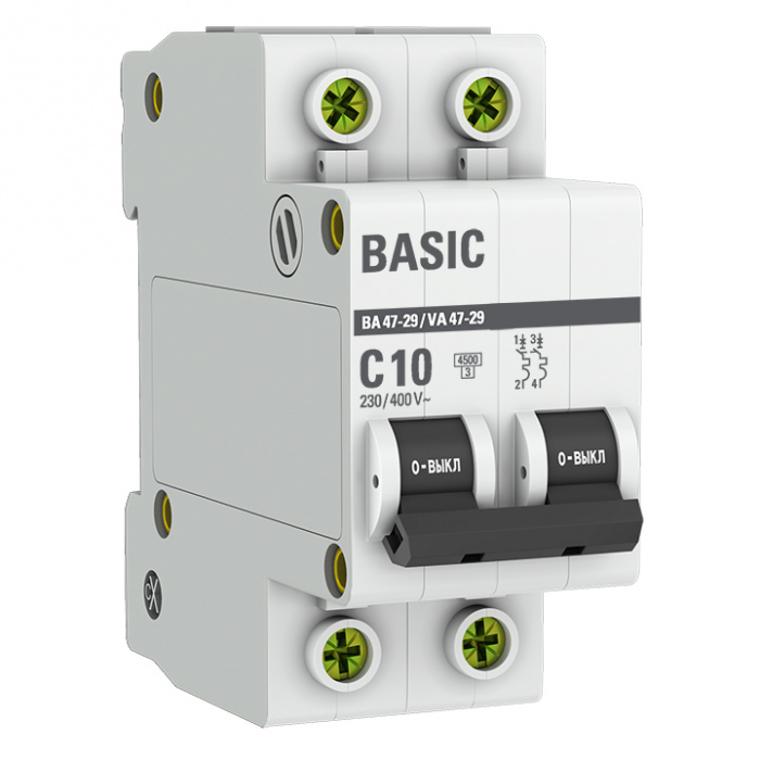 Автоматический выключатель 2P 10А (C) 4,5кА ВА 47-29 EKF Basic (mcb4729-2-10C)