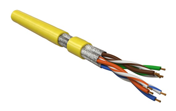 Кабель витая пара, экранированная U/FTP, категория 6, 4 пары (26 AWG), многожильный (patch), каждая пара в фольге, LSZH, желтый UFTP4-C6-P26-IN-LSZH-YL-100 Hyperline (100 м)