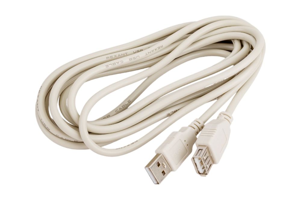 Шнур USB-А (male) штекер - USB-А (female) гнездо, длина 3 метра, белый (PE пакет) REXANT (18-1116)