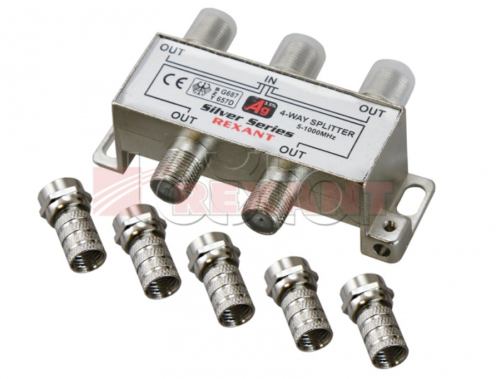 Делитель телевизионный ТВx4 + 5 шт. F BOX 5-1000 МГц Silver (10шт/уп) REXANT 05-6103