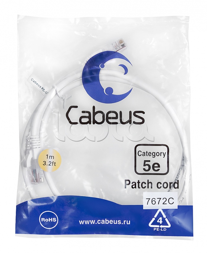 Патч-корд UTP, категория 5e, 1 м, неэкранированный, белый Cabeus PC-UTP-RJ45-Cat.5e-1m-WH