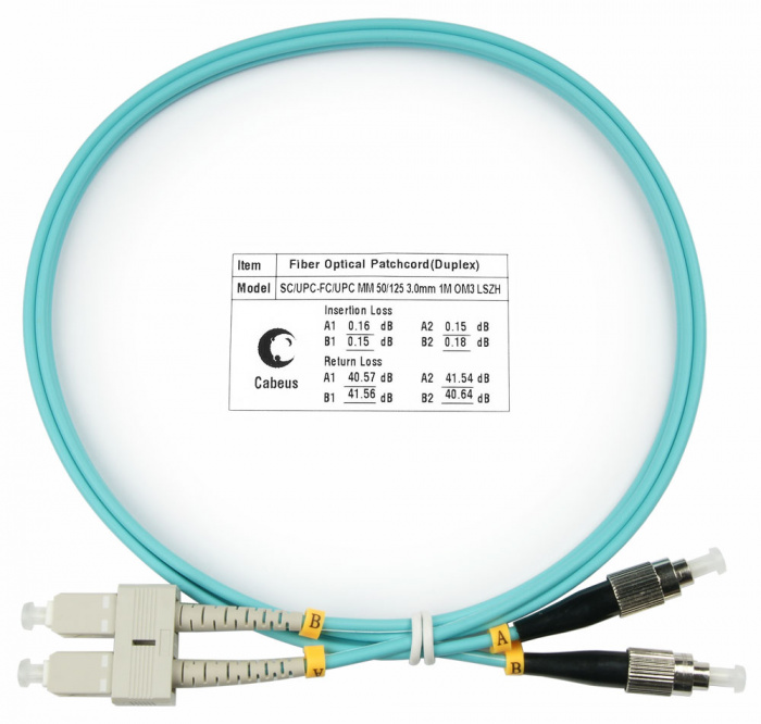 Шнур оптический duplex SC-FC 50/125 mm OM3 1м LSZH Cabeus FOP-50-SC-FC-1m