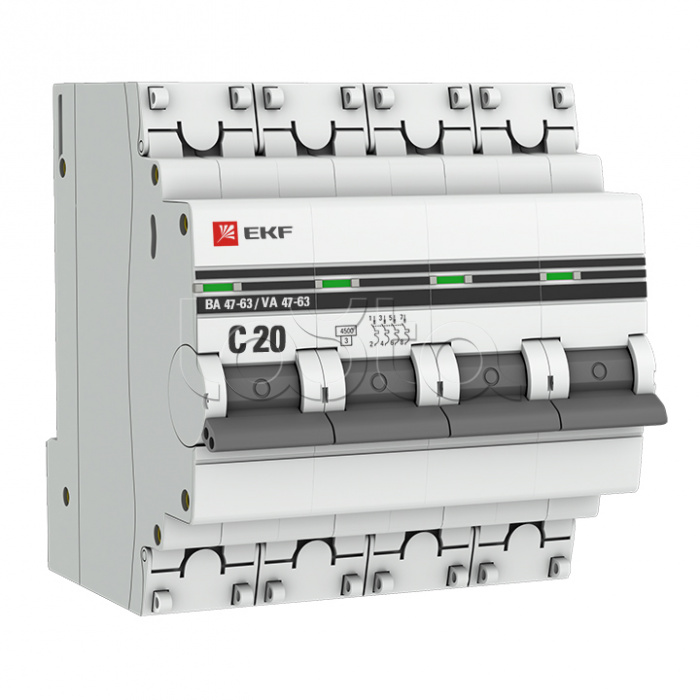 Автоматический выключатель 4P 20А (C) 4,5kA ВА 47-63 EKF PROxima (mcb4763-4-20C-pro)