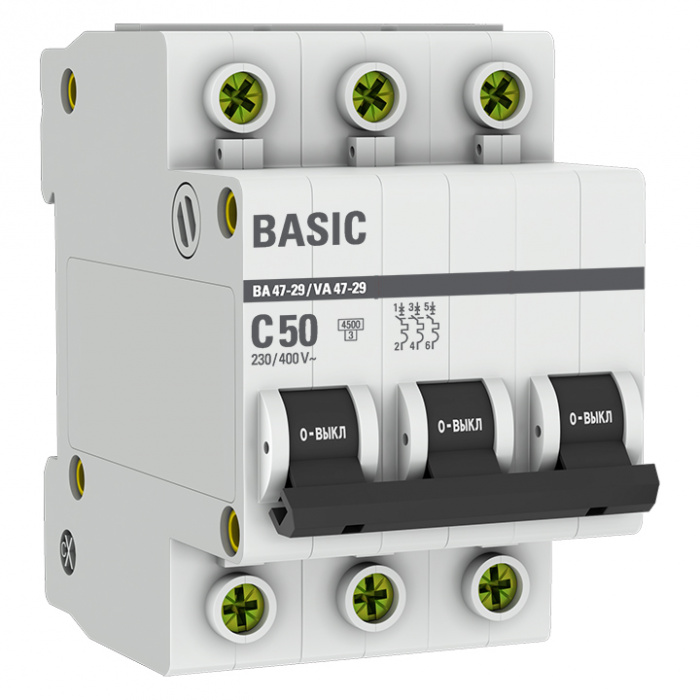 Автоматический выключатель 3P 50А (C) 4,5кА ВА 47-29 EKF Basic (mcb4729-3-50C)