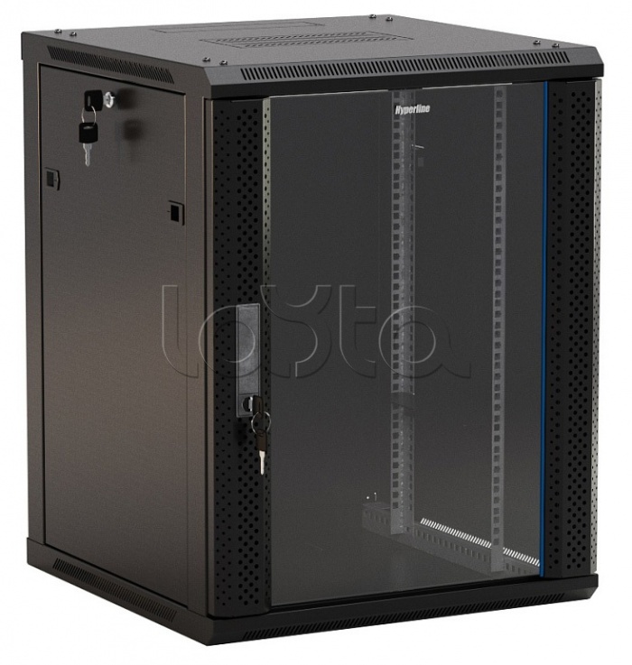 Шкаф настенный 19&quot;, 9U, 500x600х600 мм, стеклянная дверь с перфорацией по бокам, ручка с замком Hyperline TWB-0966-GP-RAL9004