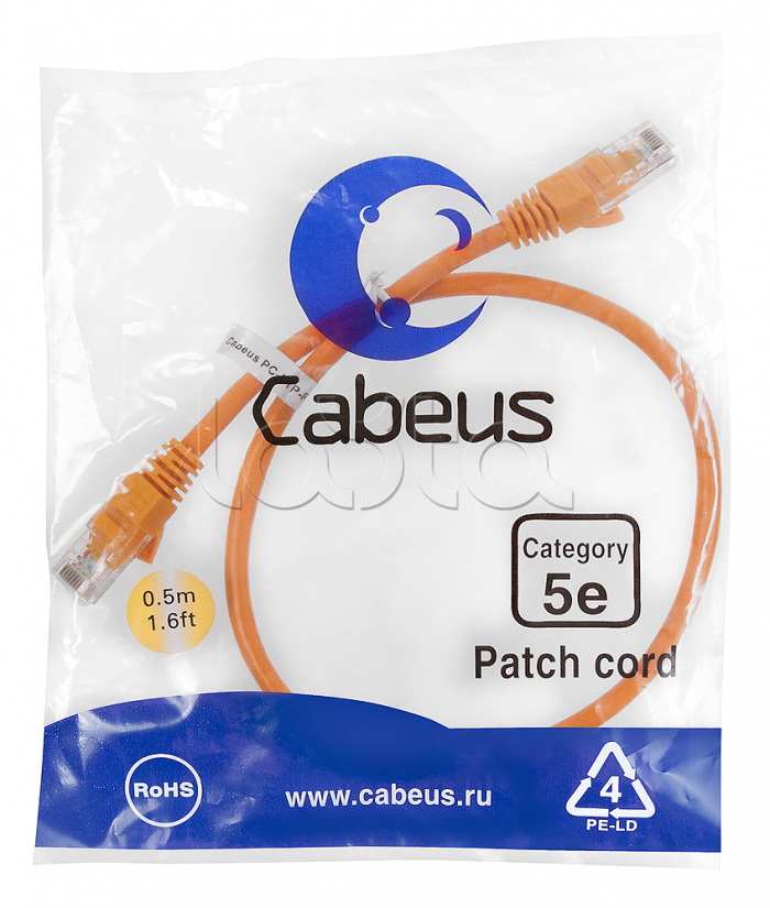 Патч-корд медный U/UTP категория 5е (0,5м) LSZH (оранжевый) Cabeus (PC-UTP-RJ45-Cat.5e-0.5m-OR-LSZH)