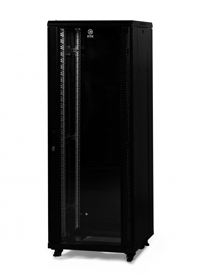 Пожтехкабель 204-013 Шкаф напольный 19-дюймовый, 32U, 1610x600х600 мм (ВхШхГ), передняя стеклянная дверь со стальными перфорированными боковинами, задняя дверь сплошная, ручка с замком