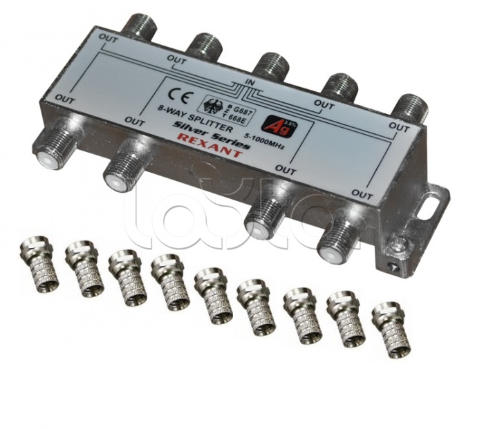 Делитель телевизионный ТВx8 + 9 шт. F BOX 5-1000 МГц Silver (5шт/уп) REXANT 05-6105