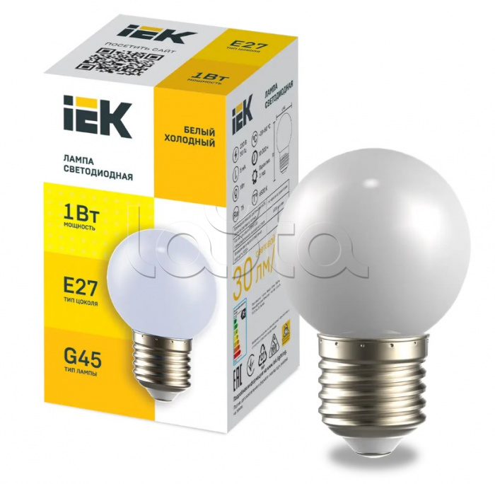 Лампа LED декор. G45 шар 1Вт 230В холодный белый E27 IEK (LLE-G45-1-230-W-E27)