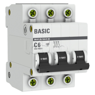 Автоматический выключатель 3P 6А (C) 4,5кА ВА 47-29  Basic EKF (mcb4729-3-06C)