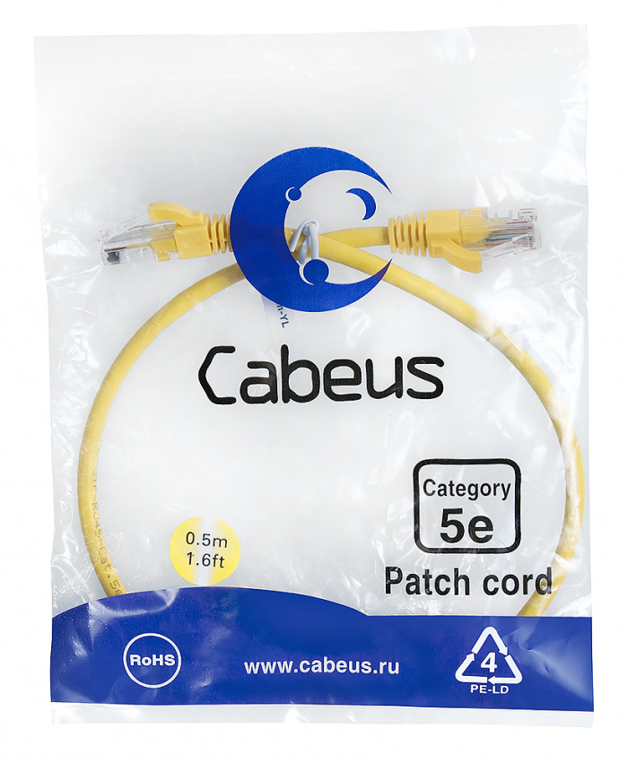 Патч-корд UTP, категория 5e, 0.5 м, неэкранированный, желтый Cabeus PC-UTP-RJ45-Cat.5e-0.5m-YL