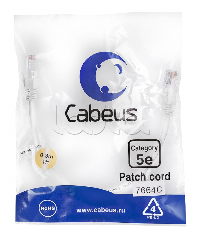 Патч-корд UTP, категория 5e, 0.3 м, неэкранированный, белый Cabeus PC-UTP-RJ45-Cat.5e-0.3m-WH