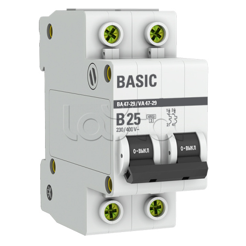 Автоматический выключатель 2P 25А (B) 4,5кА ВА 47-29  Basic EKF (mcb4729-2-25-B)