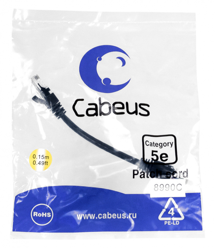 Патч-корд медный U/UTP кат.5е (0,15м) LSZH (черный) Cabeus (PC-UTP-RJ45-Cat.5e-0.15m-BK-LSZH)