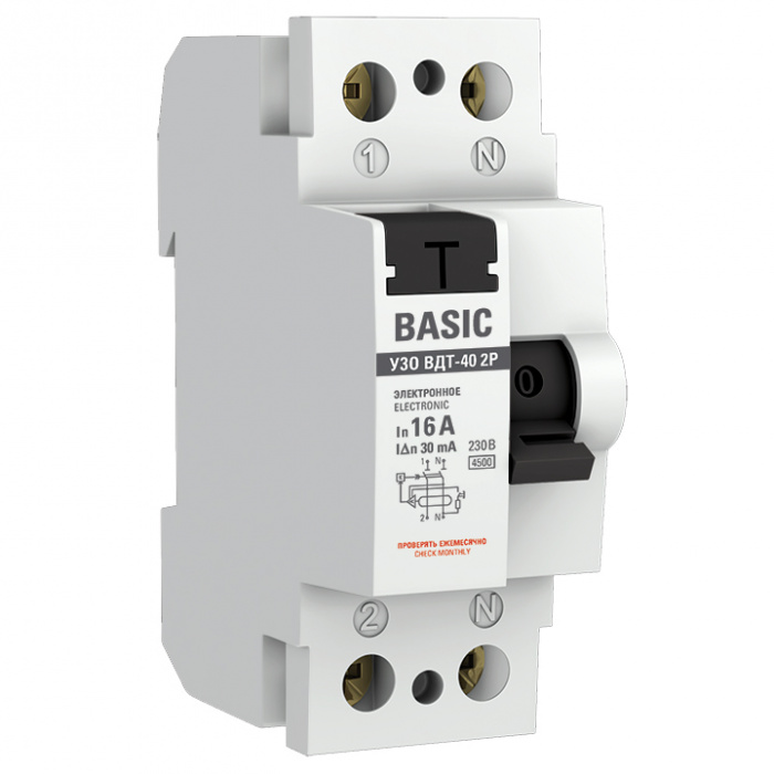 Устройство защитного отключения УЗО ВДТ-40 2P 16А/ 30мА (электронное) EKF Basic (elcb-2-16-30e-sim)