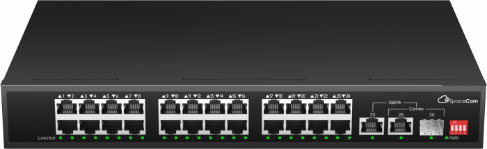SpaceCam неупр. коммутатор (SC-24P-285-2G(A)), 24 PoE 10/100Мбит/с + 1x10/100/1000Мбит/с  RJ45 +1 Combo 1000Мбит/с, 285 Вт