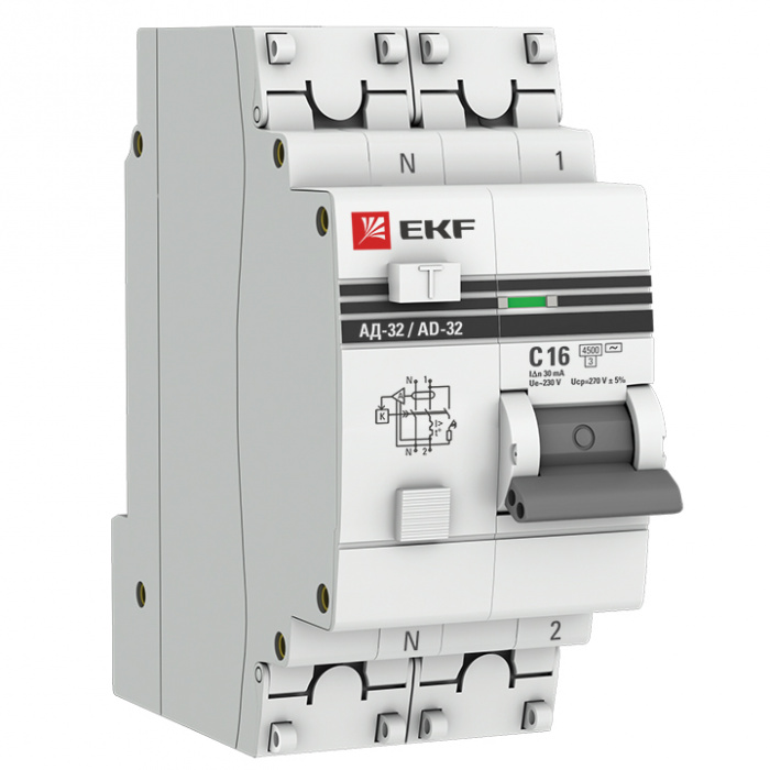 Дифференциальный автомат АД-32 1P+N 16А/30мА (хар. C, AC, 270В) 4,5кА EKF PROxima (DA32-16-30-pro)