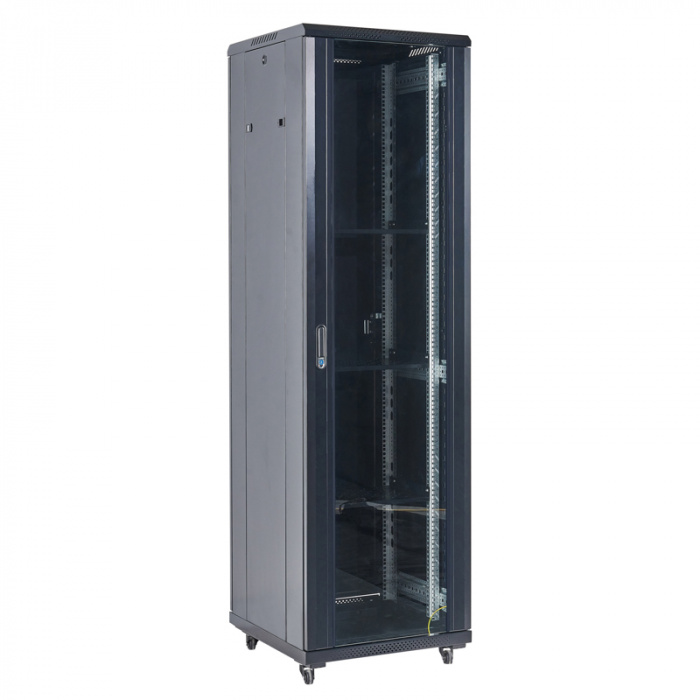Напольный шкаф 19&quot; 27U 600×600, дверь сплошное стекло, черный, RAL 9005 REXANT 04-2766-212