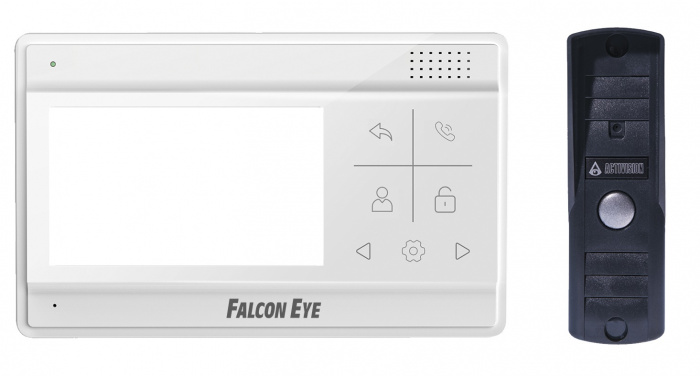 Комплект видеодомофона Falcon Eye Vela + AVP-505 (PAL) Темно-Серый (Видеодомофон Vela: дисплей 4,3&quot; TFT; сенсорные кнопки; подключение до 2-х вызывных панелей; OSD меню; питание AC 220В (встроенный БП).Вызывная видеопанель AVC-505 (PAL): накладная, 4