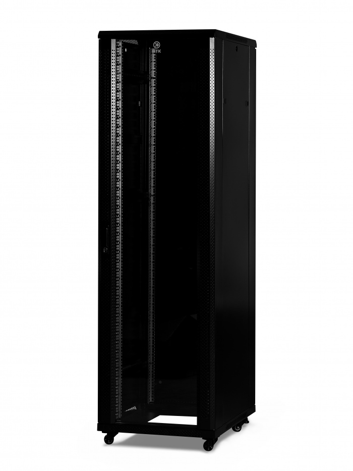 Пожтехкабель 204-014 Шкаф напольный 19-дюймовый, 42U, 2055x600х600 мм (ВхШхГ), передняя стеклянная дверь со стальными перфорированными боковинами, задняя дверь сплошная, ручка с замком