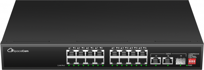 SpaceCam неупр. коммутатор (SC-16P-285-2G-1G(A)), 16 PoE 10/100Мбит/с + 2 10/100/1000Мбит/с RJ45 + 1 SFP 1000Мбит/с, 285 Вт