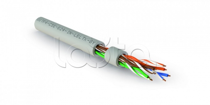 Кабель витая пара, неэкранированная U/UTP, категория 5e, 4 пары (24 AWG), одножильный (solid), нг(А)-LSLTx, внутренний, серый UUTP4-C5E-S24-IN-LSLTX-GY-305 Hyperline (305 м)