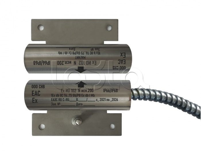 Извещатель охранный точечный магнитоконтактный взрывозащищённый Магнито-контакт Ех ИО102 N исп.211 (торцевой), с постоянно присоединенным кабелем в металлорукаве (штатно кабель 2х0,75 - 1м), 1Ex d IIC T6 Gb / РB Ex d I Mb АТФЕ.425119.171
