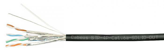 Кабель LAN STP (U/FTP), кат. 6a (10GBE), 4x2x23 AWG, LSZH-UV Cabeus STP-4P-Cat.6a-SOLID-OUT-LSZH-UV (305 м)