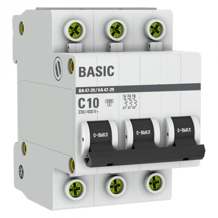 Автоматический выключатель 3P 10А (C) 4,5кА ВА 47-29 EKF Basic (mcb4729-3-10C)
